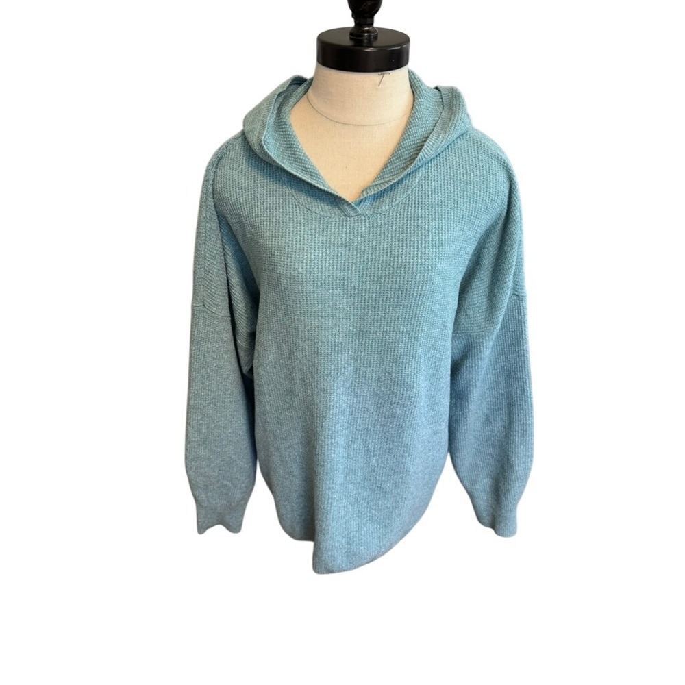 J Jill Waffle Knit Large Petite Oversized Hoodie Teal Blue Relaxed Pullover Soft